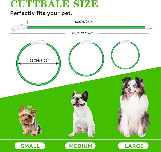 Led Light Up Dog Collar Rechargeable Waterproof, Glow in Dark Dog Collar, TPU Cuttable Lighted Dog Collars for Night Walking Charging USB, Safety for Small Medium Large Dogs Green