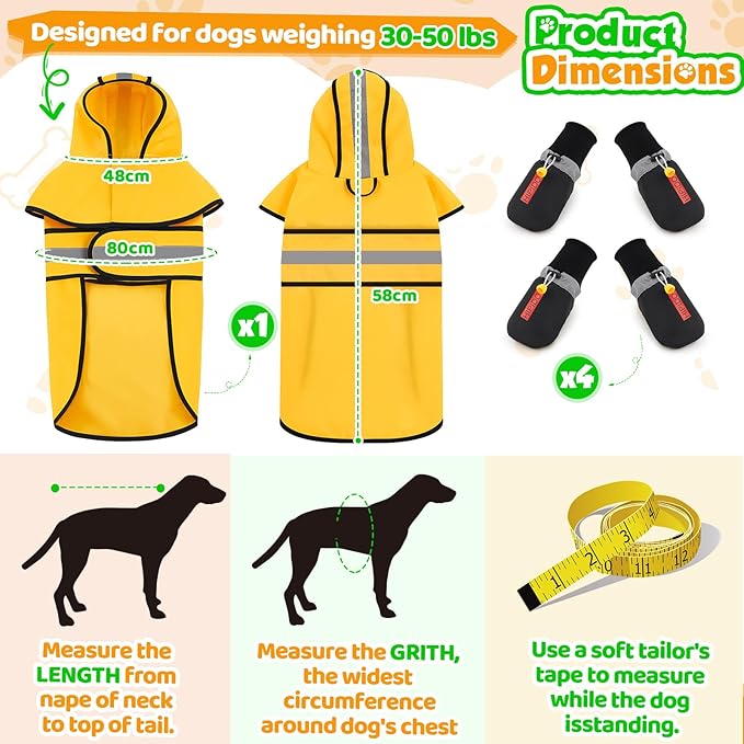 Dog Raincoat Jacket and Dog Shoes, Reflective Adjustable Hooded Pet Poncho Rain Coat with Leash Hole for Large Medium Dogs, Water-Resistant Skid-Resistant Sole, for Dogs Weighing80-50lbs, Yellow(L)