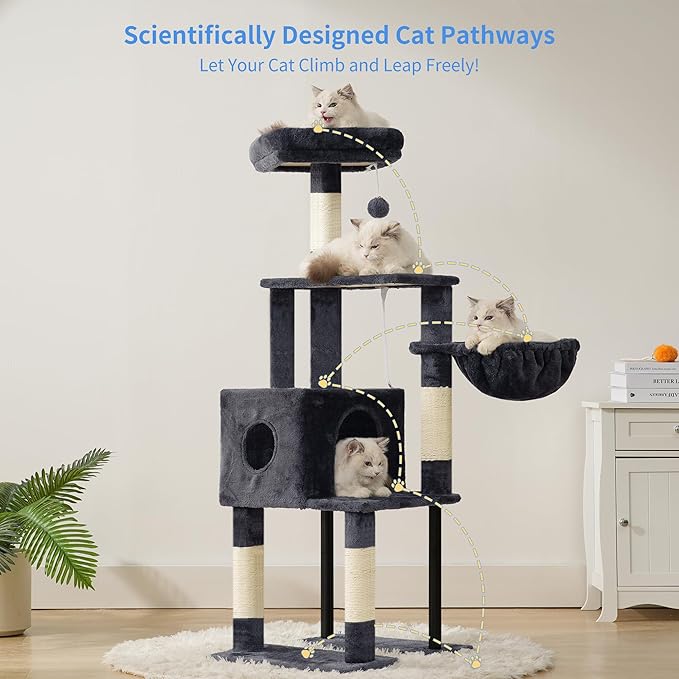 Heybly Cat Tree, 49.2 Inches Cat Tower for Indoor Cats, Spacious Cat House Condo with Hidden Space,Sturdy Steel Tube,Soft Plush Top Perch,Cozy Hammock and Sisal Scratching Posts, Smoky Gray HCT200SG