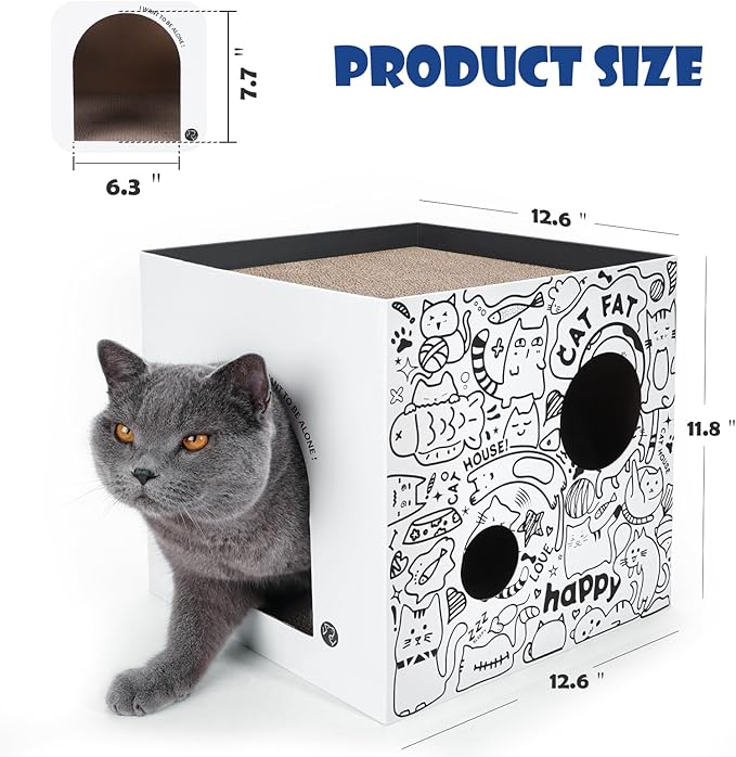 Cardboard Cat House with 2PCS Scratcher Pad Large Cat Scratchers Lounge Bed for Indoor Cats Cat Scratching Board & Cat Scratcher Box for Bunny/Cats Animals. (White-Graffiti)