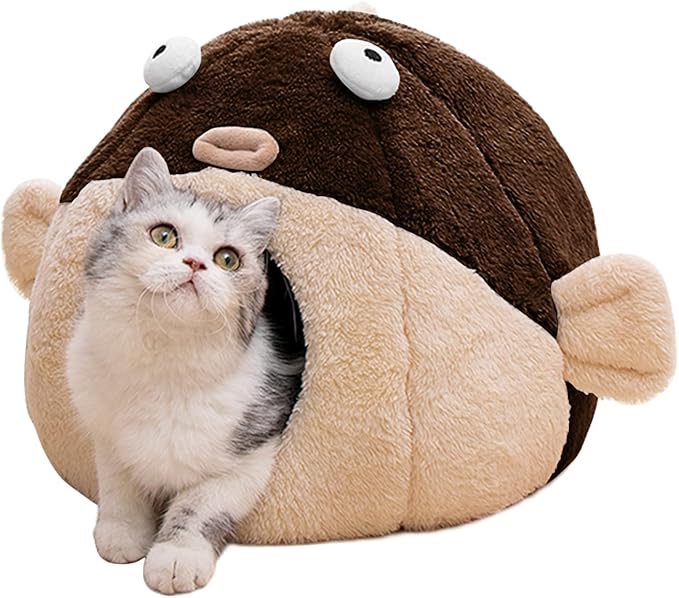 Cat Beds for Indoor Cats - Cat Bed Cave with Removable Washable Cushioned Pillow, Soft Plush Premium Cotton No Deformation Pet Bed, Lively Pufferfish Cat House Design, Brown, Multiple Sizes(S)