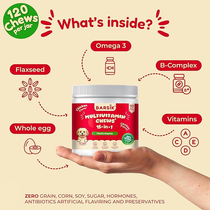 Dog Multivitamin, Chewable Dog Vitamins and Supplements for Hip & Joints, Skin & Coat, Omega 3 Oil for Dogs Immune, Heart & Digestive Health, Senior & Puppy Multivitamin - Chicken Flavor - 120ct
