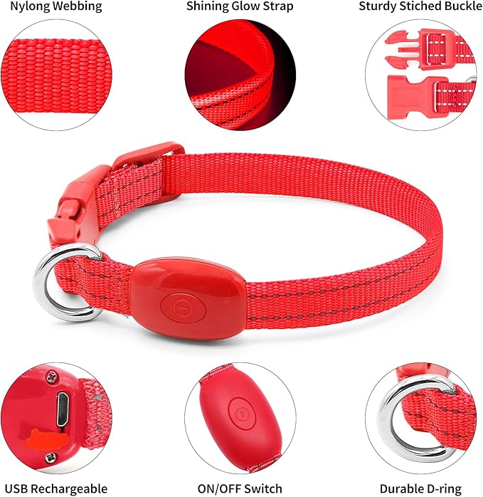 Light Up Dog Collar for Small Dogs - Rechargeable LED Cat Collar, Adjustable Reflective Puppy Collar Glowing Safety Dog Lights for Night Walking (Red)