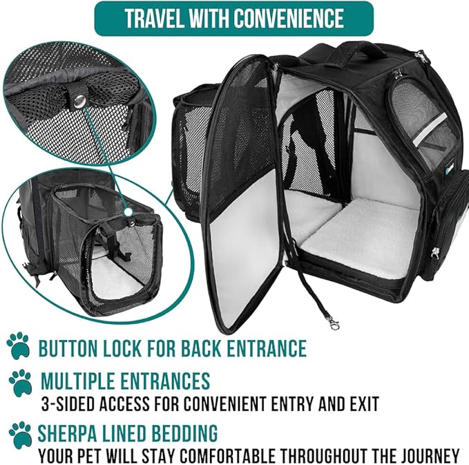 PetAmi Dog Cat Backpack Carrier, Expandable Pet Carrier Backpack for Travel Hiking, Small Medium Dog Puppy Large Cat Carrying Backpack, Airline Approved Ventilated Soft Back Support, 18 lbs, Black
