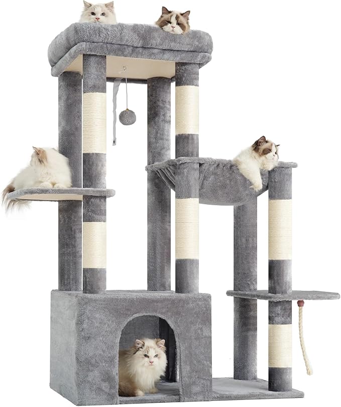 Heybly Heavy Duty Cat Tree, Tower for Indoor Cats large adult, Tall Cat Condo House with Extra-Large Baseboard, Multi-Level Plush Furniture with Scratching Posts, Hammock, Toy Ball, Light Gray HCT026W