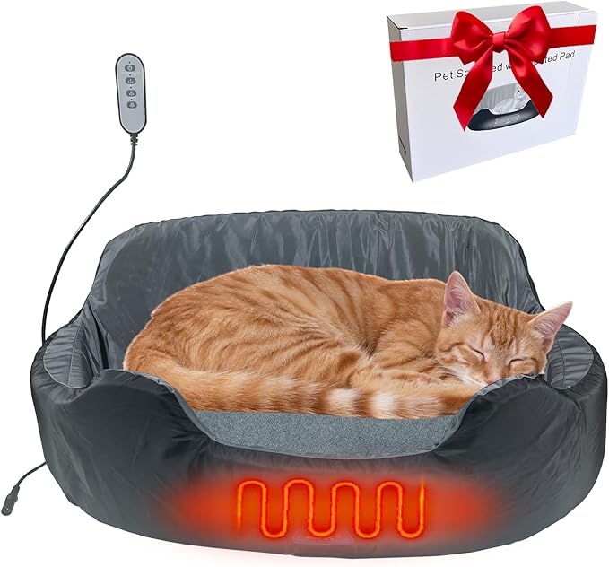 Heated Cat Bed for Indoor Cats,20" Cat Heating Pad with Timer & Temp Adjustable, Washable Calming Pet Bed with Heating Pad for Cats and Small Dogs,Gray Electric Bed Heater Warmer for Kitten Cat