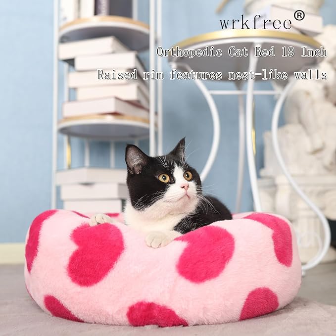 Small Cat Bed Washable Donut Cute with Sides Cat Beds Pink Heart for Girls Calming Orthopedic 20 Inch