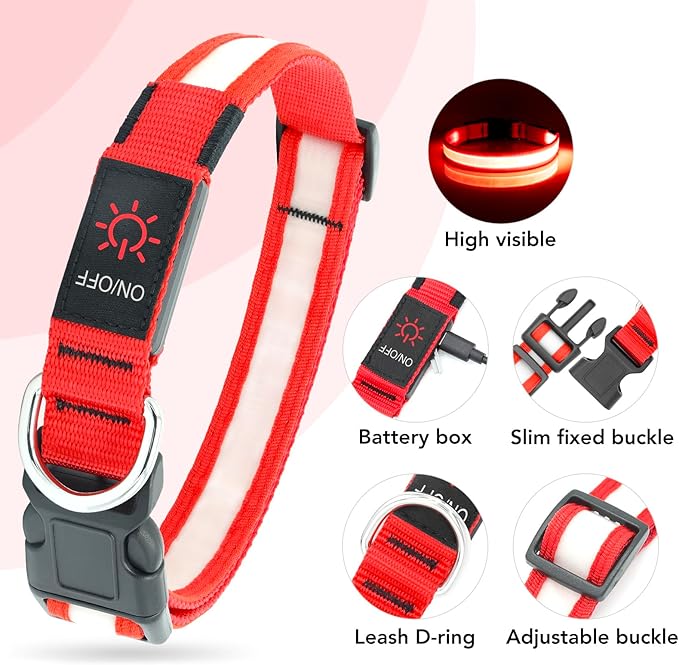 Vizpet LED Dog Collar, Light Up Dog Collar Adjustable USB Rechargeable Super Bright Safety Light Glowing Collars for Dogs(Medium,Red)