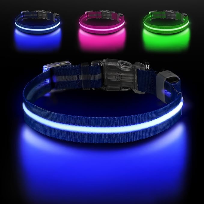 Light Up Dog Collar, Adjustable USB Rechargeable Glow in Dark Dog Collar ,Waterproof Dog Collars for Large Dogs (Blue, Large)