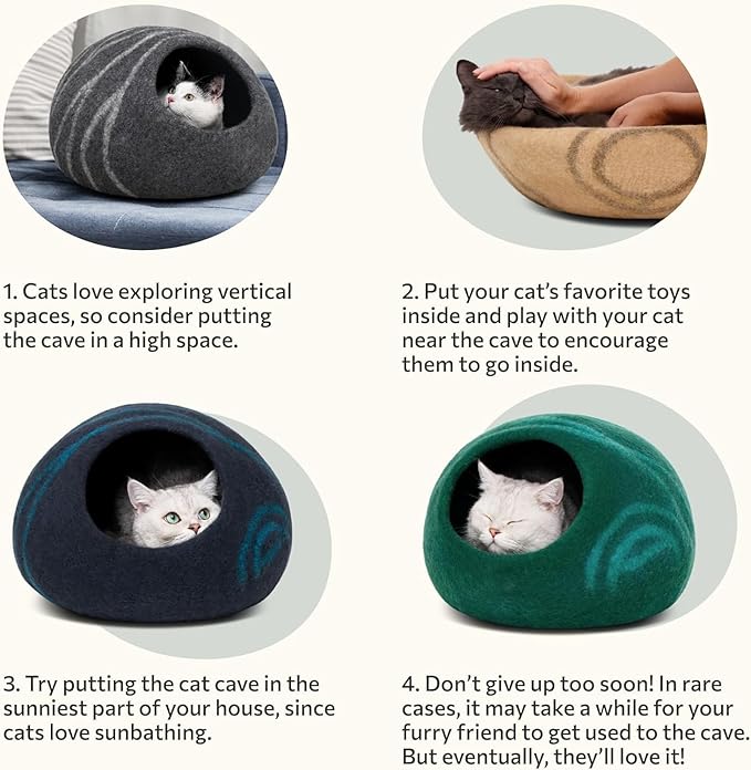 MEOWFIA Cat Cave – Premium Felt Cat Bed for Indoor Cats, Handmade 100% Merino Wool (Light Shades) (Large, Pink)
