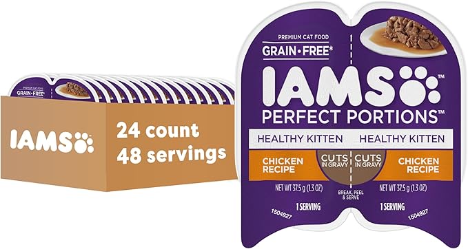 IAMS Perfect Portions Healthy Kitten Grain Free Wet Cat Food Cuts in Gravy, Chicken Recipe, 2.6 oz. Easy Peel Twin-Pack Trays (24 Count, 48 Servings)