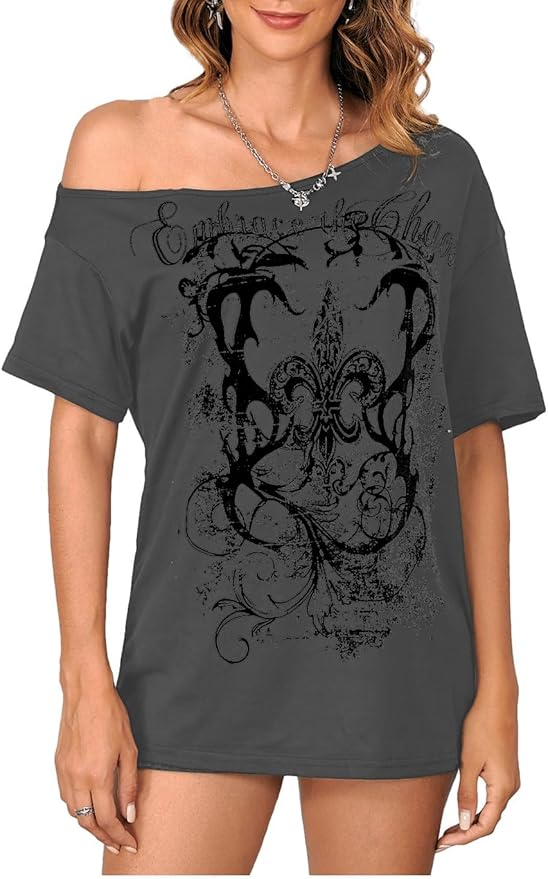SOLY HUX Women's Off The Shoulder Tops Graphic Tees Y2k Vintage Gothic Oversized T Shirts Streetwear