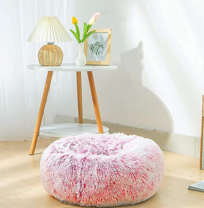 Calming Donut Dog Bed XL, Plush Round Cuddler Dog & Cat Bed, Anit-Anxiety Marshmellow Fluffy Faux Fur Cushion(32", Pink)
