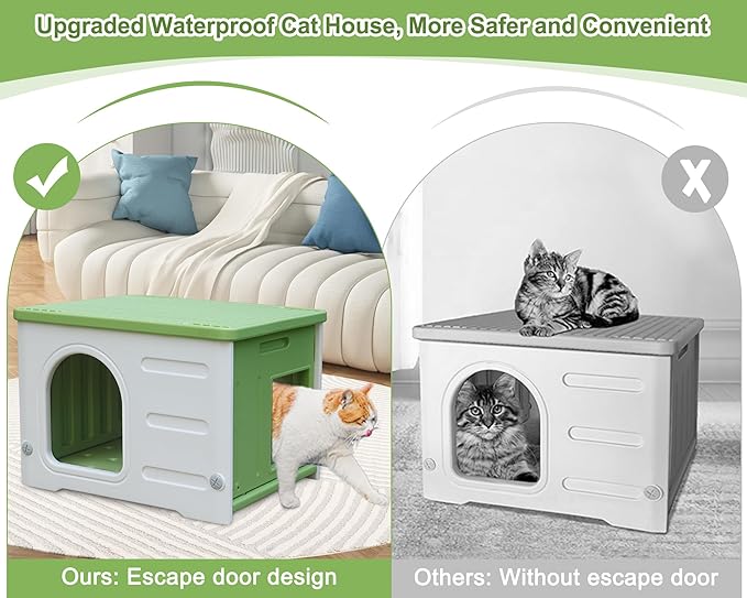 Plastic Cat House Outdoor & Indoor, Waterproof Feral Cat Houses with Escape Door, Sturdy Outdoor Cat House with Bed Mat, Outside Cat Shelter for Small Pet, Assemble and Clean Easily-Green