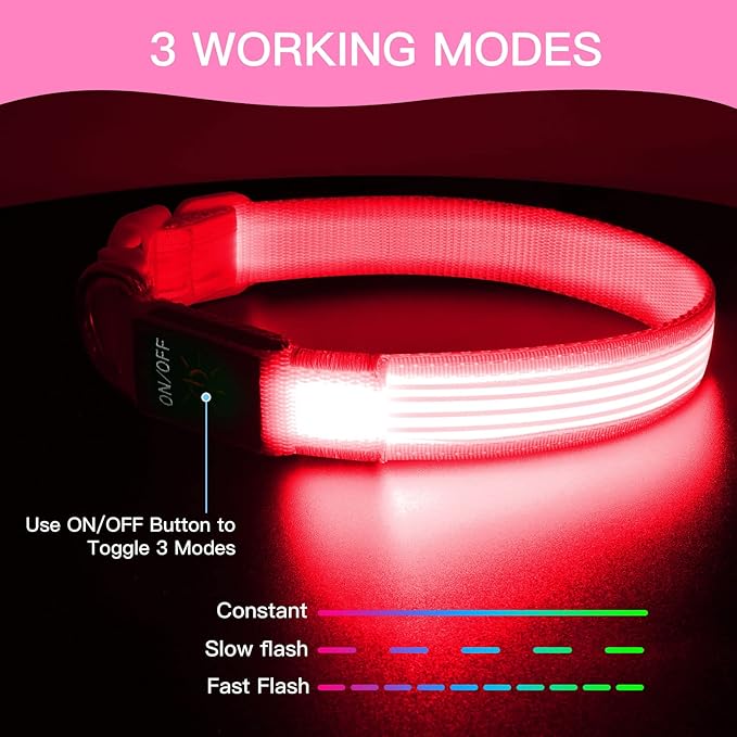 YFbrite Light up Dog Collar, USB Rechargeable LED Puppy Collar Super Bright Adjustable Glowing Dog Lights for Night Walking (Design 2- Pink, Large)