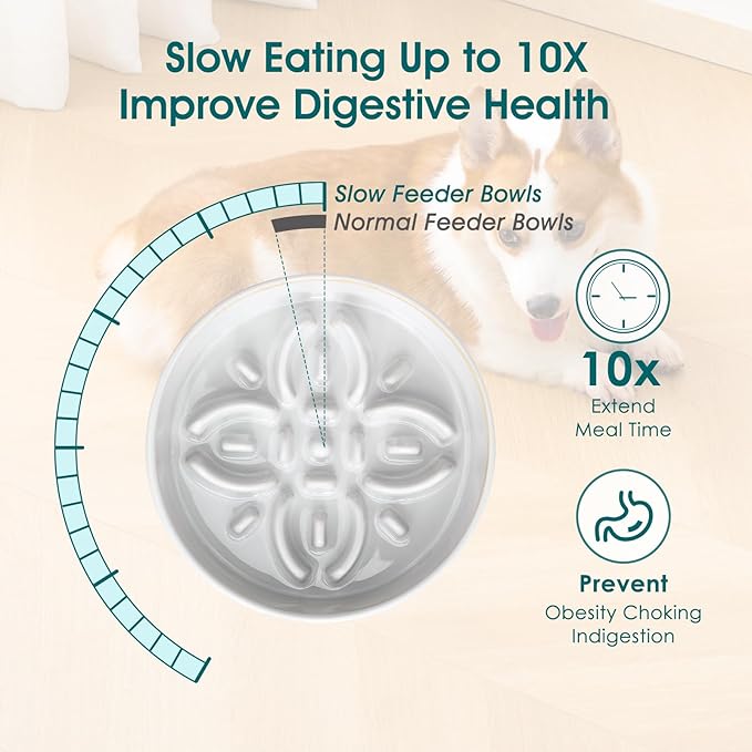 vancasso Ceramic Slow Feeder Dog Bowls, Puzzle Dog Food Bowls with Floral Maze, Anti -Slip Pet Food Dish for Large Breed, 3 Cups, Grey