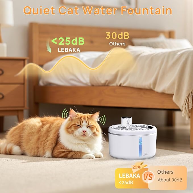 Wireless Cat Water Fountain with Stainless Steel Tray, Battery Operated Cat Fountain - 102oz/3L Automatic Pet Water Dispenser, Easy Clean with Motion Sensor for Cats, Dogs-2Filters