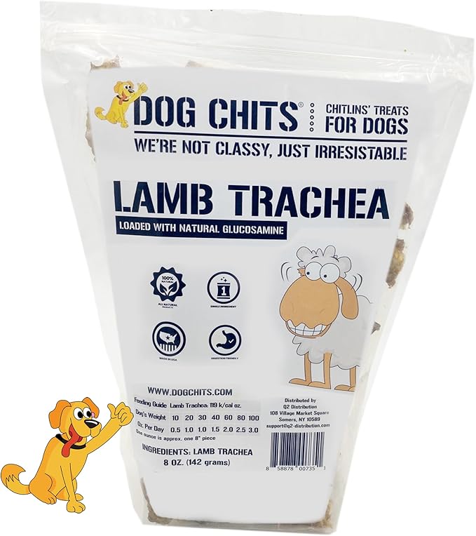 Dog Chits Lamb Trachea for Dogs - Dog and Puppy Chews | Amazing for Joints | Made in USA | Great for Pups Allergic to Beef | All-Natural Treats | Large and Small Breeds | 8 oz. Bag