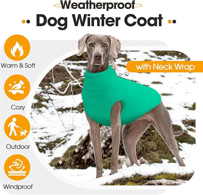 Large Dog Winter Vest for Boys & Girls, Warm Cold Weather Coat for Dogs with Back Zipper Detachable Neck Wrap, Easy on/Off Windproof Pet Snow Jacket Clothes, Weimaraner, Labrador, Green XL