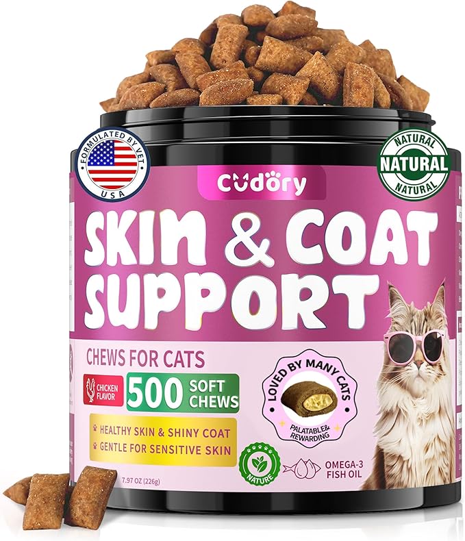 Natural Skin and Coat Support for Cats - Crunchy & Creamy Chews with Omega 3, Biotin & Vitamin E for Healthy Skin, Shiny Fur, Cat Supplements & Vitamins -Chicken(500 Chews