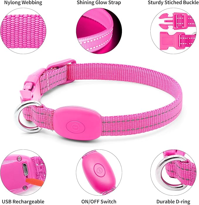 Illumifun Small LED Dog Collar, USB Rechargeable Light Up Dog Collar, Adjustable Safety Collar Light for Small Dogs Cats Glow in The Dark (Pink, X-Small)