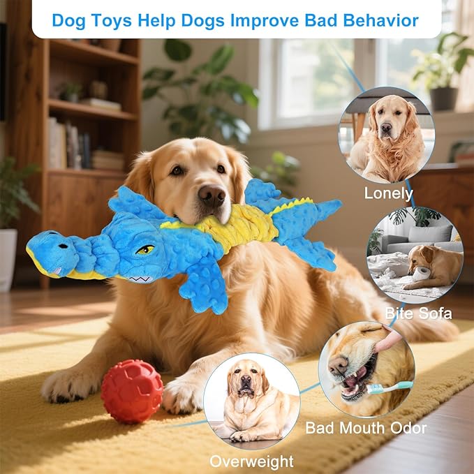 Dog Toys Cute Crocodile Squeaky Plush Pet Toy for Small to Large Breeds Interactive Chew Toy with Whistle & Crinkle Paper Tough Pet Toys for Aggressive Chewers and Puppies & Dog Lovers