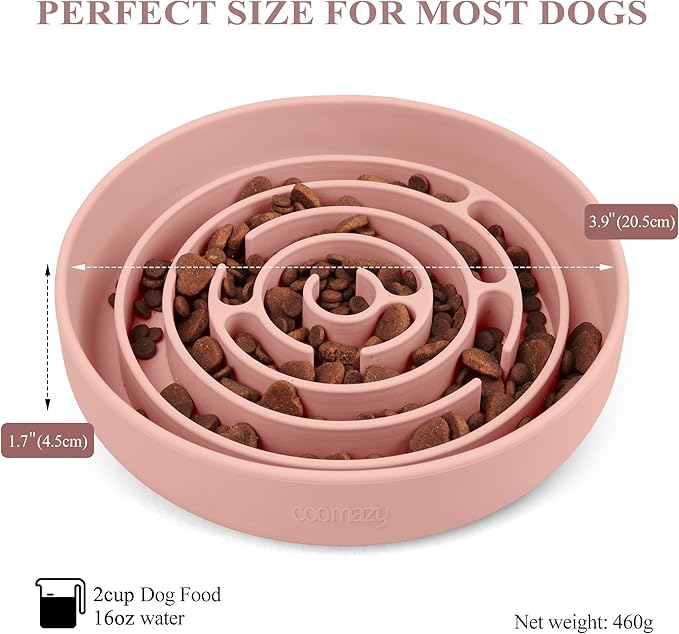 Coomazy Slow Feeder Dog Bowls, Silicone Dog Bowl with Suction Cups, Slow Feeder & Non-Slip Design, Boredom and Anxiety Reducer, Suitable for All Breed Dogs, Pink
