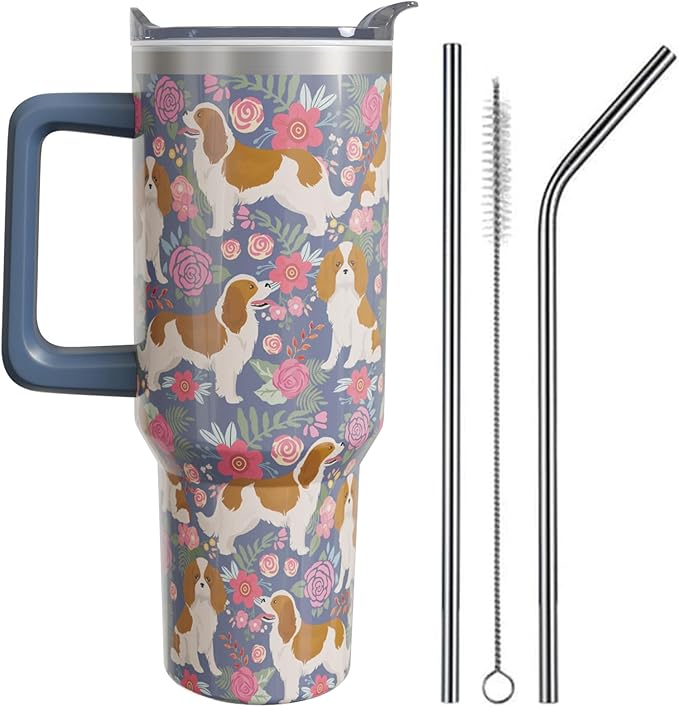 Cavalier King Charles Spaniel Gifts for Women Dog Lovers 40 oz Floral Cavalier King Charles Spaniel Tumblers with Handle and Straw, Stainless Steel Vacuum Insulated Travel Coffee Mug Cup Water Bottle