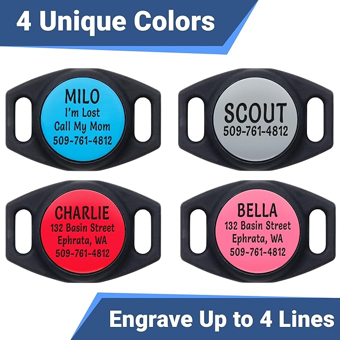 GoTags Personalized AirTag Dog Collar Holder, Engraved Tracker Case for Pet Collar, Custom Text with Phone Number, Slide On Tag for GPS Nameplate, Track Dogs with Apple iPhone, 4 Colors (Small)