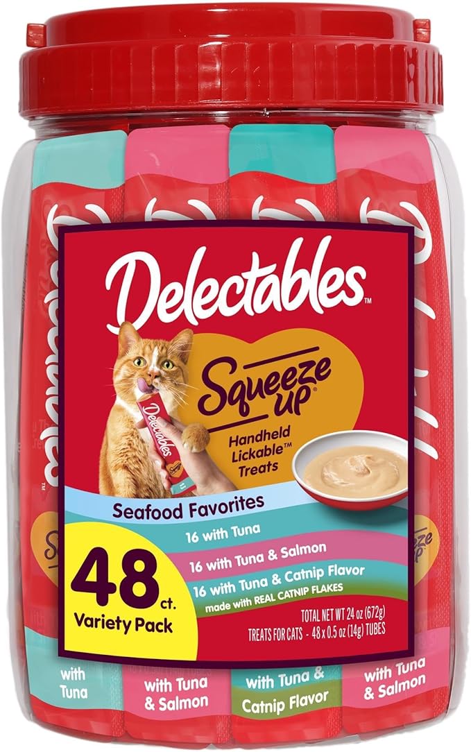New! Delectables Squeeze Up Tuna Variety Pack, Creamy Squeezable Puree, Lickable Wet Cat Treats, Grain-Free, No Added Fillers, 0.5 Ounces Tube, 48 Tubes Total