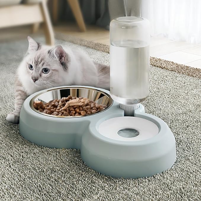Dog Bowls, Puppy Cat Food and Water Bowl Set with Water Dispenser and Stainless Steel Bowl Non-Slip Mat, Detachable Gravity Pet Feeder and Waterer Set for Cats Dogs Puppy Rabbit (Dark Blue)