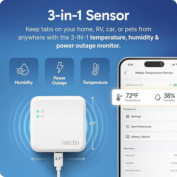 Necto RV Pet Temperature Monitor - No WiFi Required - Remote Power Outage & Temp Sensor with App Alerts. Cellular Monitoring System for Car, Home Safety & Server Room (Subscription Required)