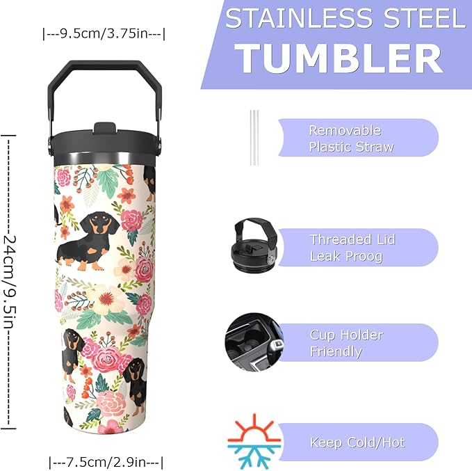 Dog Floral 30oz Tumbler with Top Handle Lid and Straw Insulated Water Bottle Travel Mug for Car Cup Office Coffe Mugs for Boy Girl Drink Hot and Cold (flowers)