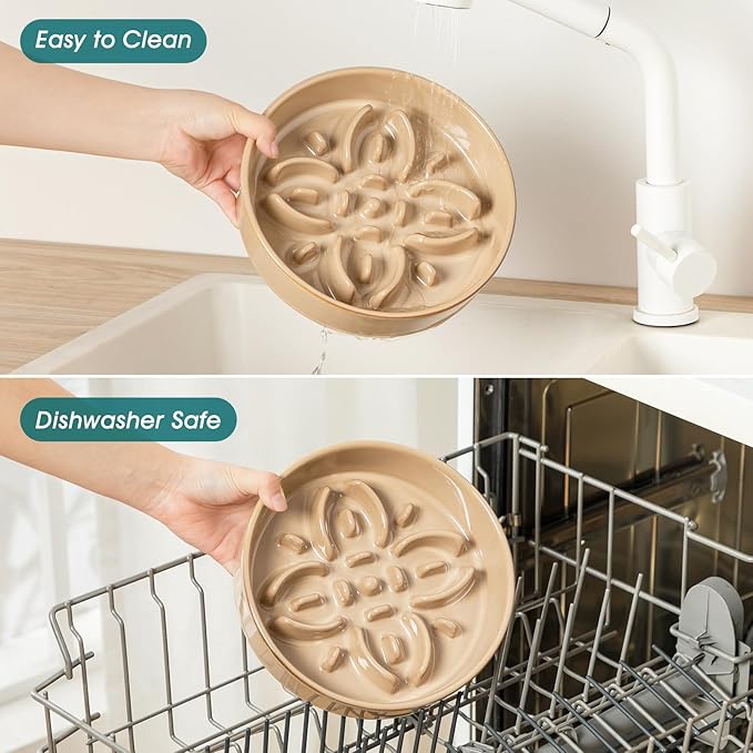 vancasso Ceramic Slow Feeder Dog Bowls, Puzzle Dog Food Bowls with Floral Maze, Anti -Slip Pet Food Dish for Medium Breed, 1.5 Cups, Brown