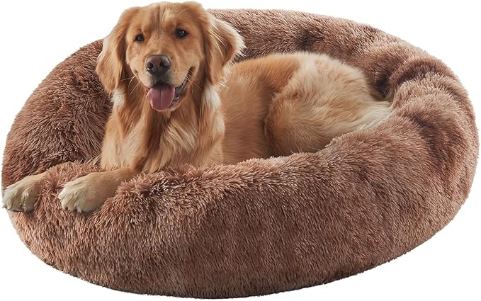 36 inches Donut Dog Bed for Large Dogs - Calming Fluffy Round Pet Bed with Removable & Washable Cover,Fits up to 100 lbs Pets (Tie-dye Brown,Large)