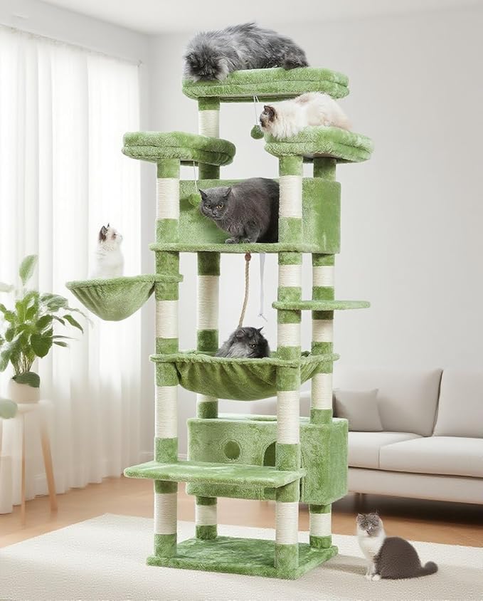 Cat Tree for Indoor Cats Large Adult, 74" Cat Tower with 3 Big Platforms, 2 Baskets, 2 Condos, Multi-Level Cat Scratching Posts, Green GCT030GR
