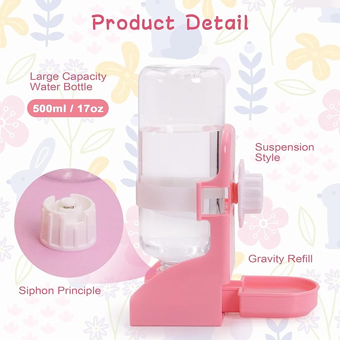Rabbit Water Bottle Suspension Water Dispenser for Mini Pet Bunny Guinea Pig Chinchilla, 500ml Automatic Water Bottle by Gravity Flow Supply(Pink)
