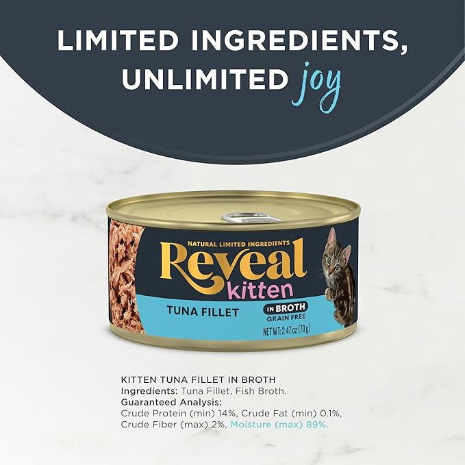 Reveal Natural Wet Kitten Food in Broth, Limited Ingredient Grain Free Canned Kitten Food, Protein with No Artificial Additives, Tuna Fillet in Broth (12 x 2.47 oz Cans)