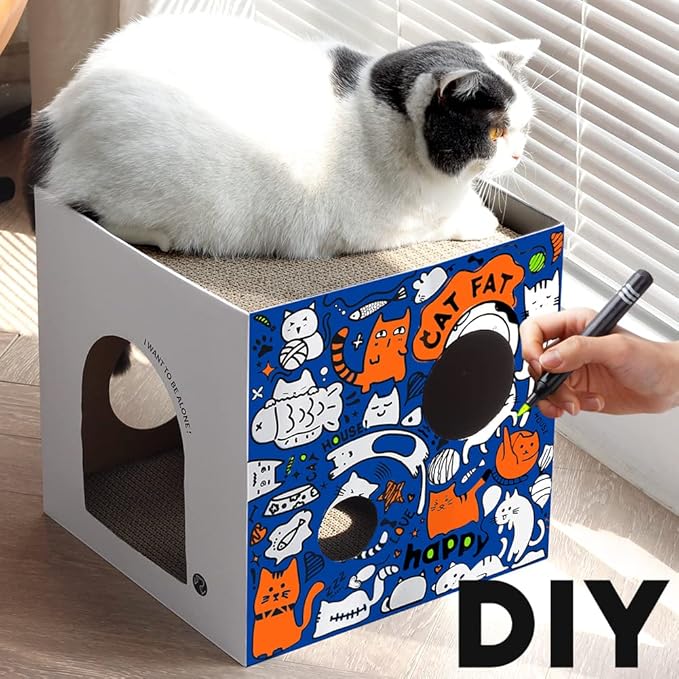 Cardboard Cat House with 2PCS Scratcher Pad Large Cat Scratchers Lounge Bed for Indoor Cats Cat Scratching Board & Cat Scratcher Box for Bunny/Cats Animals. (White-Graffiti)