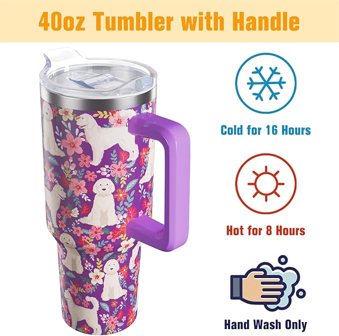 Goldendoodle Gifts for Women Dog Lovers 40 oz Floral Golden Doodle Tumblers with Handle and Straw, Stainless Steel Vacuum Insulated Travel Coffee Mug Cup Water Bottle