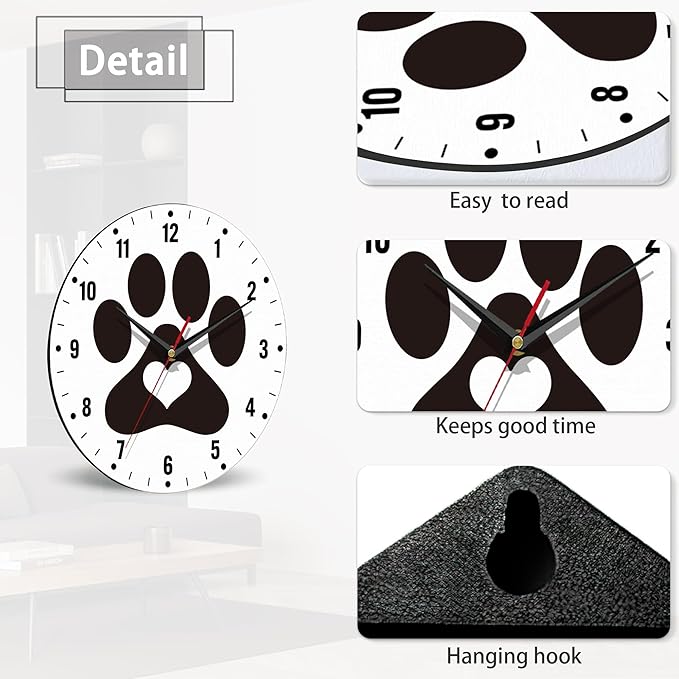 SPUNKER Clock for Bedroom,Black Cat Dog Paw Print Wall Clock Battery Operated 10 Inch,Cute Love Round Clock Silent Non-Ticking Wall Decor for Farmhouse Office Home School Living Room Bedroom