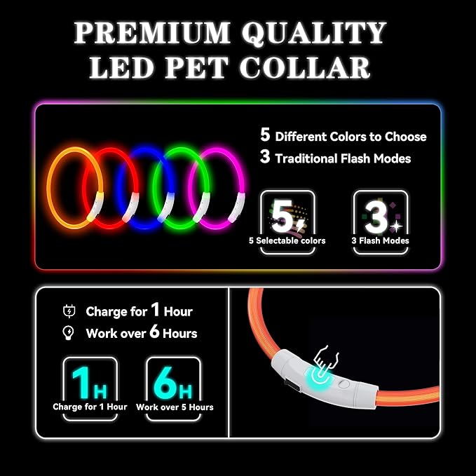 Light Up Led Dog Collar Rechargeable Waterproof, Glow in Dark Dog Collar, TPU Cuttable Lighted Dog Collars for Night Walking Charging USB, Safety for Small Medium Large Dogs Orange