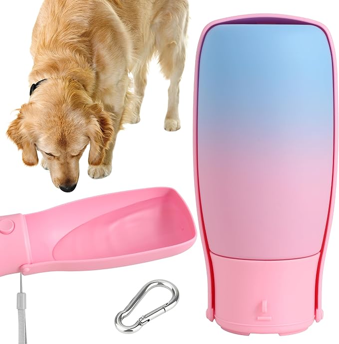 Dog Water Bottle, Travel Puppy Water Bowl, Leak Proof Portable Puppy Water Dispenser, Foldable Dog Water Bottle for for Pets Outdoor Walking, Hiking, Travel, Food Grade Plastic - 19oz Pink