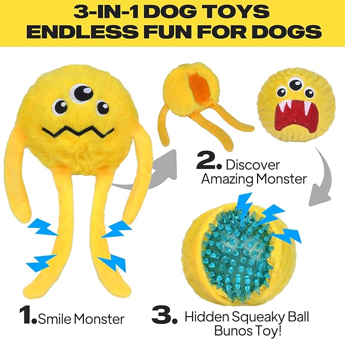 Fida Dog Chew Toys for Aggressive Chewers(3in1), Squeaky Dog Toys for Large Dogs, Interactive Dog Toys to Keep Them Busy, Dog Ball for Small, Medium and Large Dogs(Yellow)