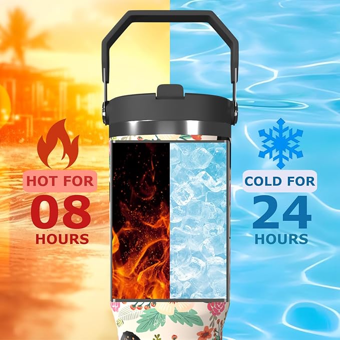 Dog Floral 30oz Tumbler with Top Handle Lid and Straw Insulated Water Bottle Travel Mug for Car Cup Office Coffe Mugs for Boy Girl Drink Hot and Cold (flowers)