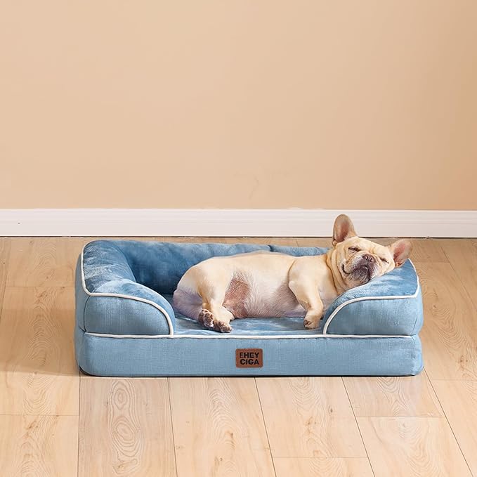EHEYCIGA Orthopedic Dog Beds for Large Dogs, Waterproof Memory Foam Large Pet Bed with Sides, Non-Slip Bottom and Egg-Crate Foam Dog Couch Bed with Washable Removable Cover, Washed Blue