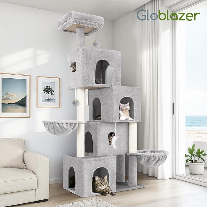 Globlazer Large Cat Tree Condos for Indoor Cats Large Adult, 70inch Tall Cat Tree Condo Tower with 4 Spacious Cat Condo Houses, 3 Sisal Scratching Posts, 2 Adjustable Hanging Baskets, F70C, Cloud Gray