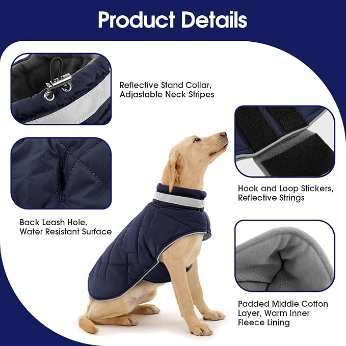 Dog Winter Coat Warm Padded Puppy Jacket Windproof Water Resistant Clothes for Small Medium Large Pets Christmas Sweater Outfit Vest(DarkBlue, 2XL)