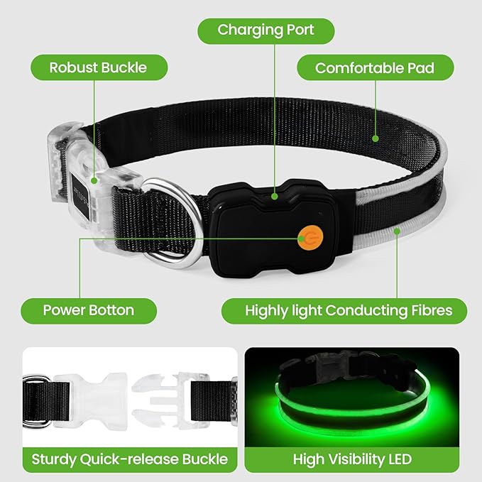 PcEoTllar Light up Dog Collars Rechargeable, LED Dog Collar Night Walking, Waterproof Flashing Glow in The Dark Dog Collars, Adjustable Dog Lights for Large Small Medium Dogs Green-s