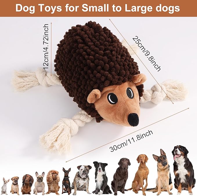 Dog Squeaky Toys for Dogs - Hedgehog Mop Plush Interactive Rope Toy, Durable Chew Toy with Squeaker and Crinkle for Small to Large Dogs, Tug of War Pet Toy for Puppies & Aggressive Chewers